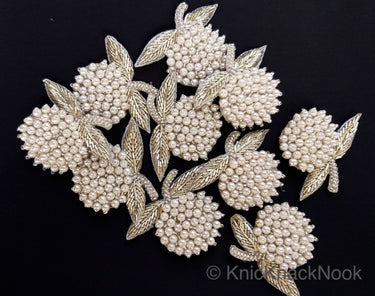 Hand Embroidered White Fruit Applique, White Pearl Beads Applique Orange Motif In Pearls, Kids Applique Patch